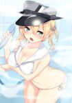  alternate_costume anchor anchor_hair_ornament aqua_eyes bare_arms bare_shoulders bikini blonde_hair blush breast_hold breasts check_commentary cleavage commentary_request cosplay hair_ornament hat highres kantai_collection large_breasts long_hair nebusoku open_mouth peaked_cap prinz_eugen_(kantai_collection) sailor_bikini sailor_collar sideboob solo swimsuit z3_max_schultz_(kantai_collection) z3_max_schultz_(kantai_collection)_(cosplay) 