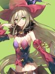  black_sleeves blonde_hair breasts chocoan cleavage detached_sleeves eyebrows eyebrows_visible_through_hair green_background green_eyes hair_between_eyes hat long_hair magilou_(tales) midriff mismatched_sleeves navel pink_sleeves pointy_ears simple_background small_breasts smile solo tales_of_(series) tales_of_berseria witch_hat 