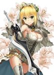  :&gt; :&lt; aestus_estus ahoge bare_shoulders belt blonde_hair breasts cleavage closed_mouth eyebrows eyebrows_visible_through_hair fate/extra fate/extra_ccc fate_(series) floral_background flower garter_belt glint gloves green_eyes hair_between_eyes hair_intakes holding holding_sword holding_weapon key large_breasts lock looking_at_viewer nero_claudius_(bride)_(fate) nero_claudius_(fate)_(all) npcpepper padlock smile solo sword thighhighs v-shaped_eyebrows veil weapon white_background white_gloves white_legwear white_sleeves 