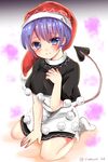  :| black_capelet blue_eyes blue_hair blush breasts capelet closed_mouth commentary_request doremy_sweet dream_soul dress full_body hat highres looking_at_viewer medium_breasts nightcap pom_pom_(clothes) ramudia_(lamyun) short_dress short_hair socks solo tail tapir_tail touhou white_dress white_legwear 