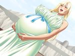  1girl black_package_try blonde_hair breasts game_cg huge_breasts long_hair naughty_face pregnant solo 