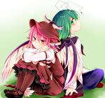  animal_ears antennae back-to-back bird_ears bird_wings blush brown_legwear chikuwa_savi ear_piercing green_eyes green_hair hat_feather holding_legs looking_back mary_janes multiple_girls mystia_lorelei piercing pink_eyes pink_hair shoes short_hair sitting touhou twitter_username wings wriggle_nightbug 