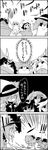  1girl 4koma bow butterfly_net comic commentary crane_stance fleeing futatsuiwa_mamizou greyscale hand_net hat hat_bow highres hijiri_byakuren hood komeiji_koishi kumoi_ichirin leaf leaf_on_head monochrome shaded_face tani_takeshi third_eye touhou translated ufo unzan yukkuri_shiteitte_ne 