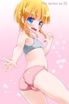  1girl ass bare_shoulders blue_eyes blush flat_chest from_behind gundam looking_at_viewer looking_down noto_(soranoto) open_mouth orange_hair panties puru_five shiny shiny_hair shiny_skin shirt short_hair smile solo 