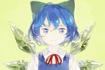  blue_eyes blue_hair bow cirno closed_mouth expressionless face hair_bow ice ice_wings looking_at_viewer portrait ribbon shihou_(g-o-s) short_hair solo touhou upper_body wings yellow_background 