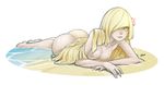  arm_support ass beach blonde_hair breasts erica_june_lahaie flower green_eyes hair_flower hair_flowing_over hair_ornament hair_over_one_eye hair_spread_out long_hair looking_at_viewer lusamine_(pokemon) lying medium_breasts nipples nude parted_lips partially_submerged pokemon pokemon_(game) pokemon_sm sand smile solo very_long_hair water 
