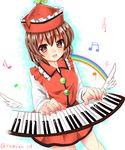  :d beamed_sixteenth_notes blush brown_eyes brown_hair buttons commentary_request cowboy_shot dress_shirt eighth_note frilled_shirt_collar frills hat highres instrument keyboard_(instrument) long_sleeves looking_at_viewer lyrica_prismriver musical_note open_mouth quarter_note ramudia_(lamyun) red_hat red_shirt red_skirt shirt short_hair skirt skirt_set smile solo star touhou treble_clef twitter_username white_wings wings 