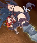  belt black_hair black_legwear breasts cameltoe clenched_teeth highres long_hair low-tied_long_hair maruto! revealing_clothes short_shorts shorts solo spread_legs tales_of_(series) tales_of_berseria teeth thighhighs torn_clothes torn_legwear underboob upside-down velvet_crowe yellow_eyes 