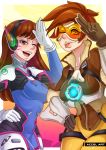  2girls :p accel_art bodysuit border breasts brown_eyes brown_gloves brown_hair closed_mouth d.va_(overwatch) eyebrows_visible_through_hair face_paint gloves goggles hand_on_hip headphones long_hair looking_at_viewer matching_hair/eyes medium_breasts multiple_girls one_eye_closed open_mouth overwatch salute short_hair smile teeth tongue tongue_out tracer_(overwatch) white_border white_gloves 
