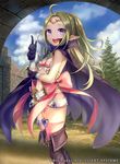  1girl bangs boots cape fire_emblem fire_emblem:_kakusei fire_emblem_cipher flat_chest garter_straps gloves green_hair jewelry long_hair looking_at_viewer midriff navel nono_(fire_emblem) open_mouth parted_bangs pink_legwear ponytail purple_eyes ribbon short_shorts shorts simple_background smile solo thigh_boots thighhighs tiara 