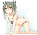  all_fours alternate_costume azuhira bare_arms bare_legs barefoot bikini bow breasts front-tie_top full_body green_eyes green_hair hair_between_eyes hair_bow kantai_collection long_hair looking_at_viewer navel side-tie_bikini small_breasts solo stomach swimsuit twintails white_bikini zuikaku_(kantai_collection) 