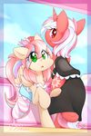  blonde_hair clothed clothing cutie_mark day dshou duo equine eyelashes feathered_wings feathers female feral green_eyes hair hooves horn mammal my_little_pony open_mouth outside pegasus pink_hair red_eyes smile standing teeth tongue unicorn wings 