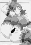 00s 1girl armlet ass breasts censored female gloves hair_ornament koutaru large_breasts long_hair looking_at_viewer monochrome naomi_fluegel scan solo spiked_hair spread_legs zoids zoids_shinseiki/zero 