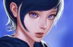  blue_background blue_hair eyebrows eyelashes jannine_weigel light lips looking_at_viewer nose original poenatsha_yuen portrait purple_eyes real_life realistic short_hair solo very_short_hair 