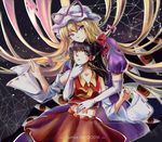  2girls artist_name black_hair blonde_hair bow breasts brown_eyes constellation dated dress elbow_gloves eyes floating_hair gap gloves hair_between_eyes hair_bow hakurei_reimu hand_on_another's_chin hands_up hat hat_ribbon long_hair looking_to_the_side looking_up midriff mob_cap multiple_girls navel parted_lips purple_dress purple_eyes red_eyes red_shirt red_skirt reflective_eyes ribbon ribbon-trimmed_sleeves ribbon_trim shiny shiny_hair shiny_skin shirt short_sleeves skirt sleeveless sleeveless_shirt small_breasts smile sparkle star starry_background sumire495 touhou very_long_hair wide_sleeves yakumo_yukari 