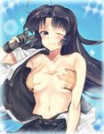  ahoge bandeau black_hair blush breasts brown_eyes gloves hadanugi_dousa japanese_clothes kantai_collection large_breasts long_hair looking_at_viewer navel off_shoulder one_eye_closed partly_fingerless_gloves shouhou_(kantai_collection) single_bare_shoulder single_glove skirt solo sparkle taki_(nakochan) torn_clothes wince yugake 