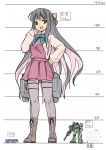  1girl black_footwear black_hair boots bow breasts bus cross-laced_footwear dress fang full_body giantess ground_vehicle gundam height_chart highres kantai_collection lace-up_boots long_hair long_sleeves looking_at_viewer medium_breasts mobile_suit_gundam motor_vehicle multicolored_hair naganami_(kantai_collection) open_mouth orange_eyes panicking pantyhose pink_hair pink_legwear purple_dress seo_tatsuya shiny shiny_hair shirt simple_background size_difference sketch solo_focus standing tongue torpedo_tubes two-tone_hair very_long_hair white_background white_shirt yellow_bow zaku_ii 