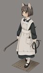  akai_sashimi animal_ears apron brown_hair crowbar dress eyebrows eyebrows_visible_through_hair grey_background highres holding maid maid_apron mary_janes md5_mismatch original pinafore_dress pliers pocket shoes short_hair simple_background solo standing white_legwear 