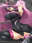  1girl absurdres bare_shoulders black_legwear boots breasts chains covered_navel dress fate/stay_night fate_(series) haganef huge_breasts light_smile long_hair microdress navel pink_eyes pink_hair rider solo strapless strapless_dress thick_thighs thigh_boots thighhighs thighs wide_hips 