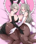  2girls ass ass_grab back bare_shoulders blush breasts bunny_ears bunny_tail bunnysuit cameltoe cleavage deep_skin detached_collar elbow_gloves from_behind gloves gucchi_(n3gt6apf) half_updo heart heart_pillow huge_ass huge_breasts long_hair looking_at_viewer multiple_girls nakiri_alice nakiri_erina pantyhose parted_lips pillow platinum_blonde red_eyes shiny shiny_clothes shiny_hair shiny_skin shokugeki_no_souma short_hair sideboob smile tail 