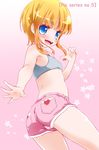  1girl ass bare_shoulders blue_eyes blush flat_chest from_behind gundam heart looking_at_viewer looking_down noto_(soranoto) open_mouth orange_hair puru_five shiny shiny_hair shiny_skin short_hair short_shorts shorts smile solo 