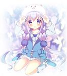  :o alternate_costume animal_hood blue_eyes blue_footwear blush boots bunny_hood gochuumon_wa_usagi_desu_ka? hair_ornament hat hood kafuu_chino lavender_hair long_hair rikatan sitting solo wariza x_hair_ornament 