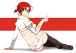  akitetsu ass boots boudica_(fate/grand_order) butt_crack commentary_request fate/grand_order fate_(series) from_behind full_body green_eyes highres juliet_sleeves long_sleeves looking_at_viewer looking_back ponytail puffy_sleeves red_hair short_hair shrug_(clothing) smile solo thigh_boots thighhighs v 