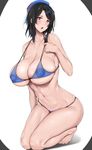  alternate_costume areolae bare_legs bare_shoulders barefoot beret bikini black_hair blue_bikini blush breasts brown_eyes cleavage collarbone commentary_request full_body ggli_(yuine_wantan) hair_ornament hairclip hat kantai_collection kneeling large_areolae large_breasts looking_at_viewer micro_bikini navel open_mouth pulled_by_self see-through short_hair sideboob skindentation solo stomach strap_pull swimsuit takao_(kantai_collection) underboob white_background 