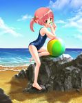 absurdres bad_proportions ball barefoot beach beachball candy chin_rest cloud cntrct day eating food fruit green_eyes hair_ornament highres lollipop long_hair ocean one-piece_swimsuit open_mouth original outdoors pink_hair ponytail rock school_swimsuit shiny shiny_clothes skindentation sky smile solo strawberry swimsuit tongue tongue_out 
