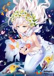  blue_eyes bracelet bubble detached_collar fish flower gilse goldfish groin hair_flower hair_ornament jewelry looking_down mermaid monster_girl navel necklace pale_skin pearl qurare_magic_library shell shell_bikini solo underwater white_hair 
