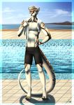  anthro looking_at_viewer male mammal mustelid nelly63 otter outside smile solo standing swimming_pool towel 