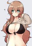  ? adjusting_hair bikini black_bikini blush breasts cleavage clothes_lift front-tie_bikini front-tie_top green_eyes hair_between_eyes kuroinu_momotarou large_breasts long_hair looking_at_viewer navel original smile solo sweater sweater_lift swimsuit upper_body 