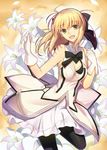  :d artoria_pendragon_(all) bare_shoulders black_legwear blonde_hair dress fate/grand_order fate/stay_night fate/unlimited_codes fate_(series) flower gloves green_eyes kauto lily_(flower) long_hair looking_at_viewer open_mouth pantyhose saber saber_lily sleeveless smile solo white_gloves 