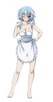  apron barefoot blue_hair breasts cleavage collarbone eyebrows eyebrows_visible_through_hair full_body highres index_finger_raised infinite_stratos large_breasts looking_at_viewer naked_apron one_eye_closed red_eyes sarashiki_tatenashi short_hair smile solo transparent_background white_apron 