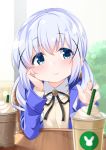  1girl arm_support black_ribbon blue_eyes blue_hair blue_jacket blurry blurry_background blurry_foreground blush brown_sweater cacao_(chocolat) chair closed_mouth collared_shirt commentary_request cup depth_of_field disposable_cup drinking_straw gochuumon_wa_usagi_desu_ka? hair_ornament hands_up head_tilt highres jacket kafuu_chino long_hair looking_at_viewer low_twintails neck_ribbon on_chair open_clothes open_jacket ribbon shirt sidelocks sitting solo sweater table twintails upper_body white_shirt x_hair_ornament 