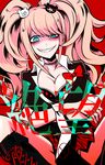  bags_under_eyes blue_eyes boots bow breast_press breasts choker cleavage cross-laced_footwear danganronpa enoshima_junko grin highres itosiki_zetu knees_apart_feet_together lace-trimmed_choker lace-up_boots lace_trim large_breasts long_hair looking_at_viewer miniskirt nail_polish pink_hair red_background red_bow red_nails simple_background sitting skirt smile smirk solo spoilers translated twintails 