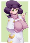  absurdres big_hair breasts covered_nipples glasses green_eyes highres impossible_clothes impossible_sweater large_breasts looking_at_viewer makoto_daikichi pink-framed_eyewear pokemon pokemon_(game) pokemon_sm purple_hair ribbed_sweater short_hair smile solo sweater turtleneck turtleneck_sweater upper_body wicke_(pokemon) 