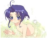  1girl ass blue_hair blush curly_hair flat_chest hands looking_at_viewer nipples nude oekaki short_hair smile solo water 