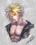  2015 abs bare_chest blonde_hair cloud_strife coat collarbone earrings final_fantasy final_fantasy_vii final_fantasy_vii_advent_children jay_b_lee jewelry looking_down male_focus muscle open_clothes open_coat pectorals signature solo upper_body 