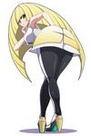  armpits ass black_legwear blonde_hair breasts crossed_legs dress from_below green_eyes hand_on_hip hand_on_own_chin high_heels highres keke_(kekekue) large_breasts leaning_forward leggings long_hair looking_at_viewer looking_back lusamine_(pokemon) multicolored multicolored_clothes multicolored_legwear pokemon pokemon_(game) pokemon_sm short_dress simple_background sleeveless sleeveless_dress smile solo standing two-tone_legwear very_long_hair watson_cross white_background white_dress 