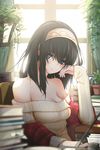  arm_support bare_shoulders black_hair blue_eyes blush book breasts cleavage giba_(out-low) hairband highres idolmaster idolmaster_cinderella_girls long_hair looking_at_viewer medium_breasts off-shoulder_sweater sagisawa_fumika sleeves_past_wrists solo sweater window 