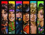  5boys black_border black_hair blonde_hair blue_eyes border braid brown_hair close-up column_lineup commentary double_bun fabulous fingerless_gloves gakuran giorno_giovanna gloves green_eyes green_hair green_lipstick grin hat headband heart higashikata_jousuke jojo_no_kimyou_na_bouken jojo_pose jonathan_joestar joseph_joestar_(young) kuujou_jolyne kuujou_joutarou lipstick makeup male_focus multicolored_hair multiple_boys pompadour pose purple_eyes scarf school_uniform smile striped striped_scarf symbol_commentary two-tone_hair ug_(ugg) zipper 