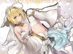  ahoge artist_name belt blonde_hair breasts chain detached_sleeves eyebrows eyebrows_visible_through_hair fate/extra fate/extra_ccc fate/grand_order fate_(series) flower gloves green_eyes hair_intakes high_heels highres large_breasts lock looking_at_viewer nero_claudius_(bride)_(fate) nero_claudius_(fate)_(all) padlock puffy_sleeves short_hair smile solo thighhighs white_gloves white_sleeves yaman 