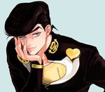  anchor_symbol black_hair blue_eyes brooch chin_rest gakuran heart higashikata_jousuke jewelry jojo_no_kimyou_na_bouken macaroni_(piyo4508) male_focus peace_symbol pompadour school_uniform smile solo upper_body zipper 