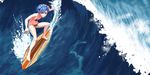  &gt;:) 1girl bent_over bikini blue_eyes blue_hair flower grin hair_flower hair_ornament hair_over_one_eye re:zero_kara_hajimeru_isekai_seikatsu rem_(re:zero) smile surfboard surfing swimsuit triple-q water waves x_hair_ornament 