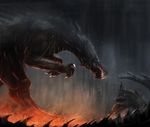  absurd_res black_skin claws clothed clothing dragon duo feral fingers fire hi_res human mammal night outside raining standing teeth themefinland 