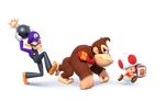 3d ape arms_up artist_request black_overalls bob-omb brown_hair clenched_teeth dice donkey_kong facial_hair full_body gloves hat long_sleeves male_focus mario_(series) mario_party mario_party:_star_rush multiple_boys mustache necktie official_art overalls purple_hat purple_shirt red_neckwear red_vest sanpaku shadow shirt single_letter smile super_mario_bros. teeth toad transparent_background vest waluigi white_gloves 