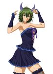  bare_shoulders blue_dress breasts cleavage collarbone detached_sleeves dress eyebrows eyebrows_visible_through_hair fake_horns green_eyes green_hair hair_between_eyes horns ikkitousen kyocho_chuukou large_breasts looking_at_viewer short_hair simple_background solo strapless strapless_dress thighhighs white_background 