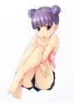  :p bangs bare_legs bare_shoulders barefoot black_shorts blush camisole closed_mouth commentary_request double_bun eyebrows_visible_through_hair feet full_body gradient gradient_background grey_background highres leg_hug legs looking_at_viewer original panties pink_camisole print_camisole purple_eyes purple_hair shibacha short_shorts shorts side_bun sitting smile solo star star_print strap_slip toenails tongue tongue_out underwear upshorts white_background white_panties 
