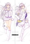  bakugadou bare_shoulders bed_sheet blush braid breasts cleavage dakimakura elf emilia_(re:zero) flower from_above full_body hair_flower hair_ornament hair_ribbon kneehighs long_hair looking_at_viewer lying medium_breasts multiple_views on_back pleated_skirt pointy_ears puck_(re:zero) purple_eyes re:zero_kara_hajimeru_isekai_seikatsu ribbon sample silver_hair skirt thighhighs white_legwear 